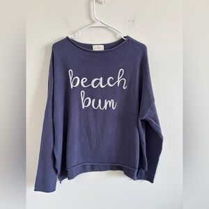 Mia&Tess Blue Beach Bum Embroidered Sweater Sz M Cozy Oversized Coastal Chic